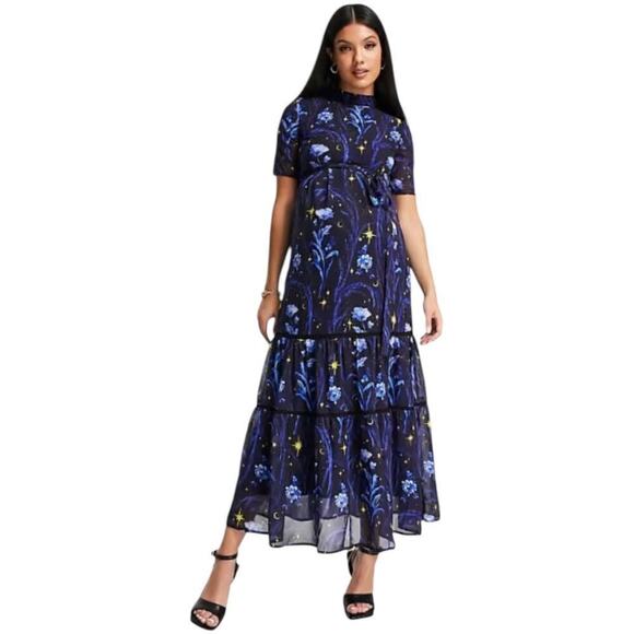 ASOS Hope & Ivy Maternity open back star print midi dress in cobalt  Size 8 - Picture 2 of 15